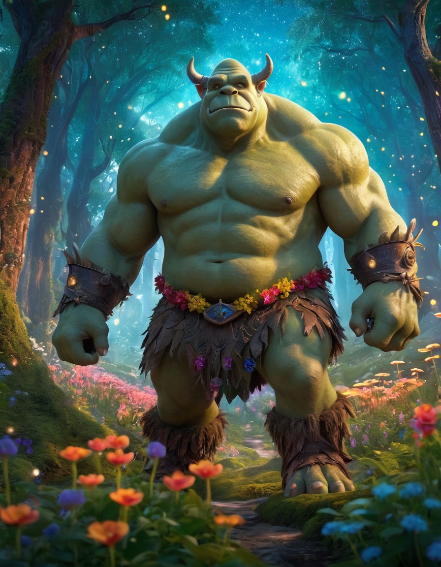 ogre, fantasy, magic, forest, fireflies, colorful flowers