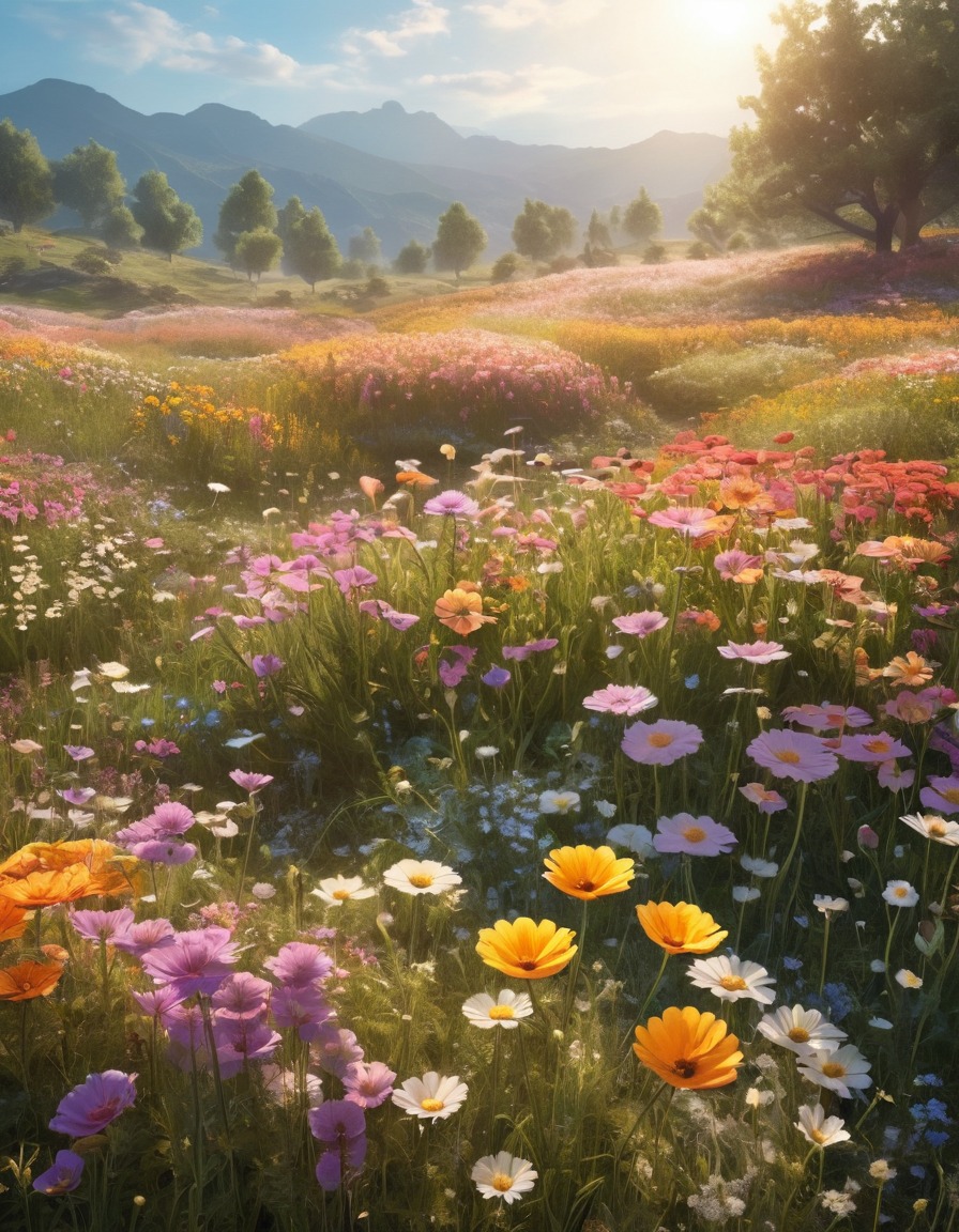 meadow, oversized flowers, luminous, ethereal, nature, fantasy, fantastic