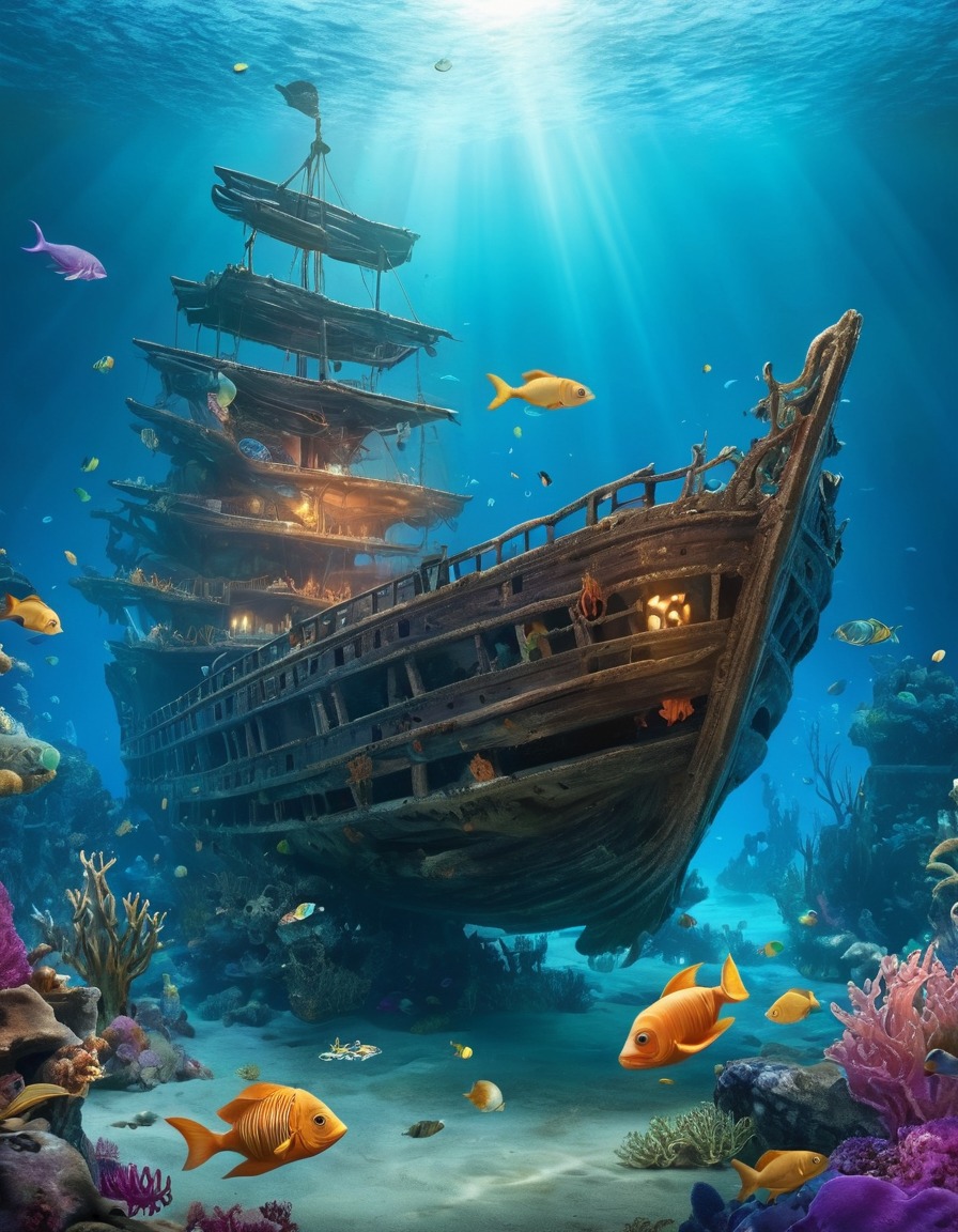 sunken shipwreck, mermaids, sea creatures, underwater fantasy, mythical beings, ocean exploration, magical environment