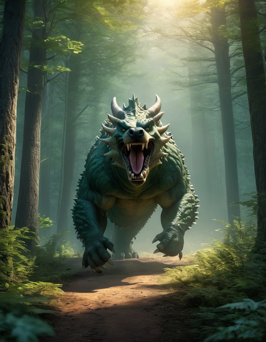 forest, clearing, mystical, hodag, mythical creature, shadows