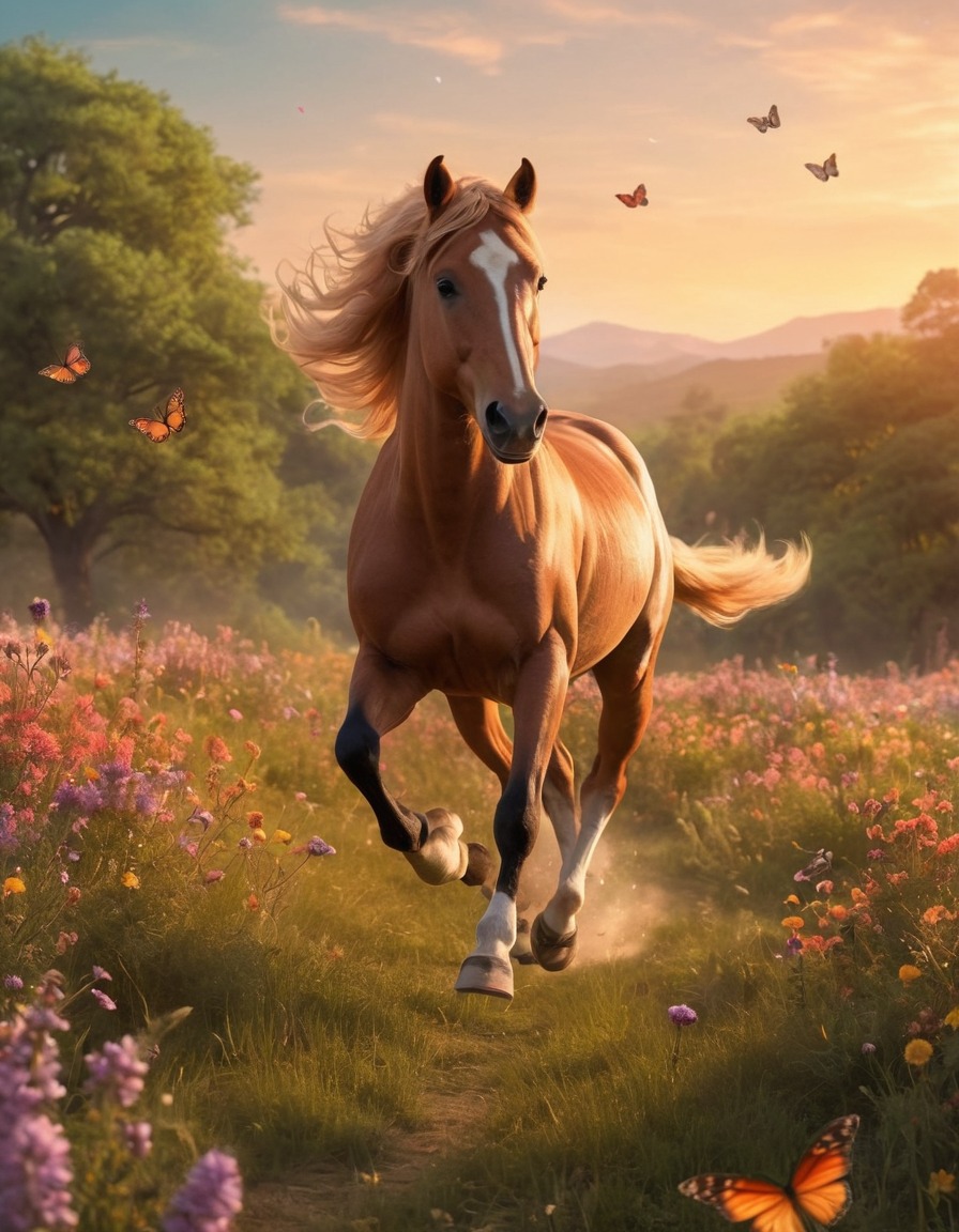 centaur, meadow, sunset, flowers, butterflies