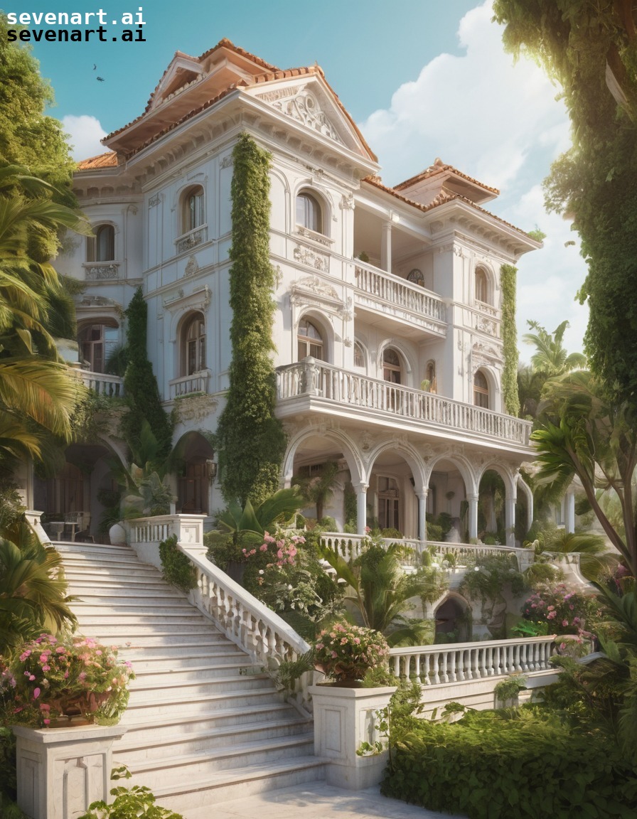 luxurious, villa, ornate, balconies, gardens