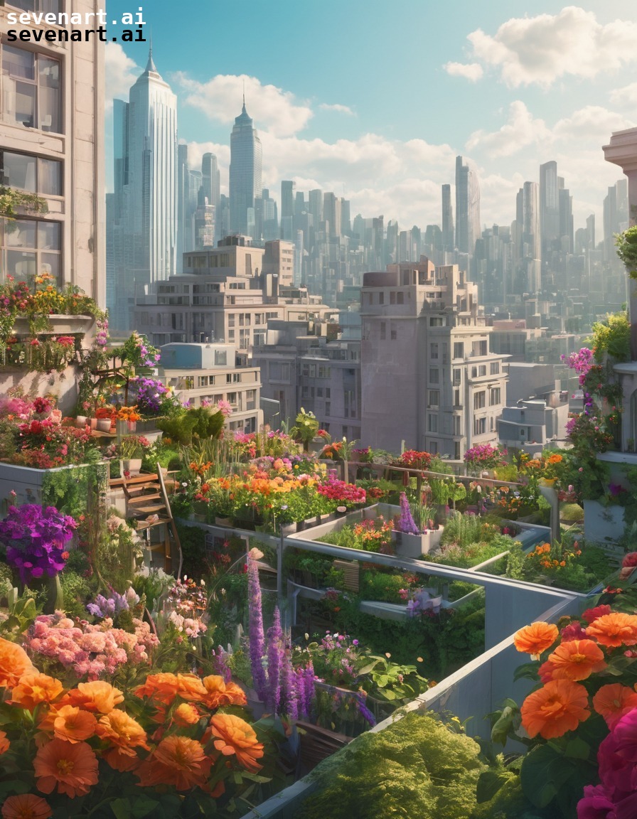 cityscape, rooftop garden, flowers, greenery, urban oasis, modern city, city