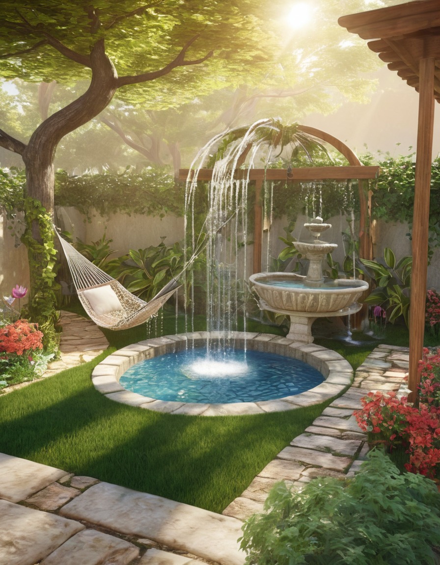 backyard, hammock, fountain, relaxation, home, interior