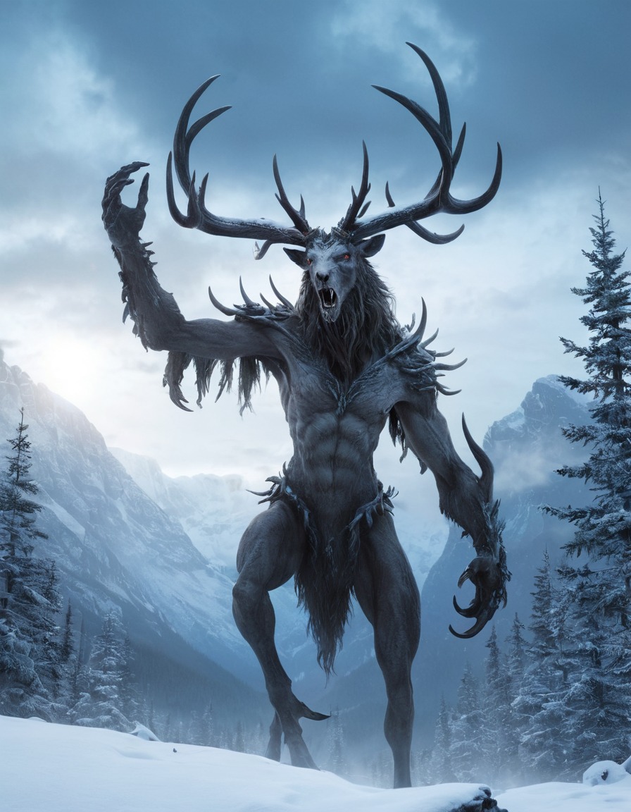 wendigo, mythical creature, snowy landscape, folklore, winter, majestic