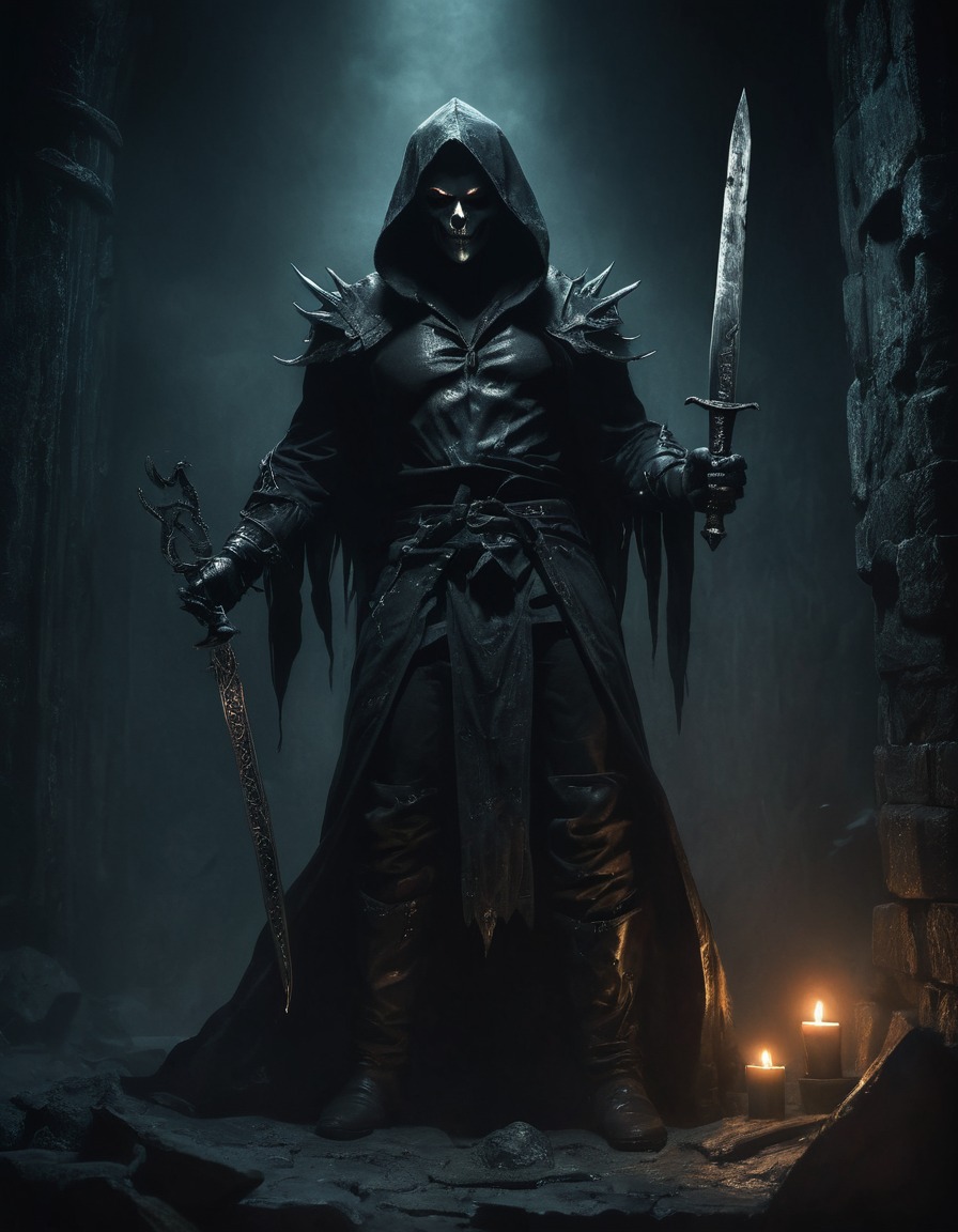 evil, dagger, dungeon, sinister figure, gothic, underground, dark