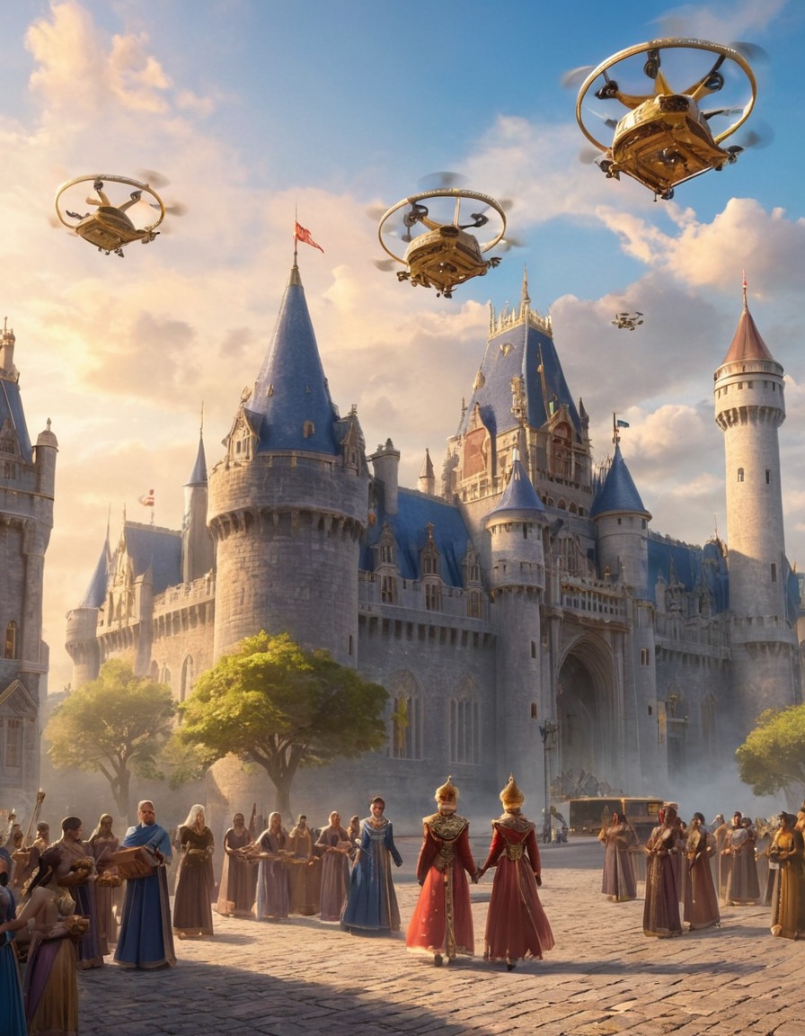 royal court, drone delivery, supplies, technology, innovation, medieval, art