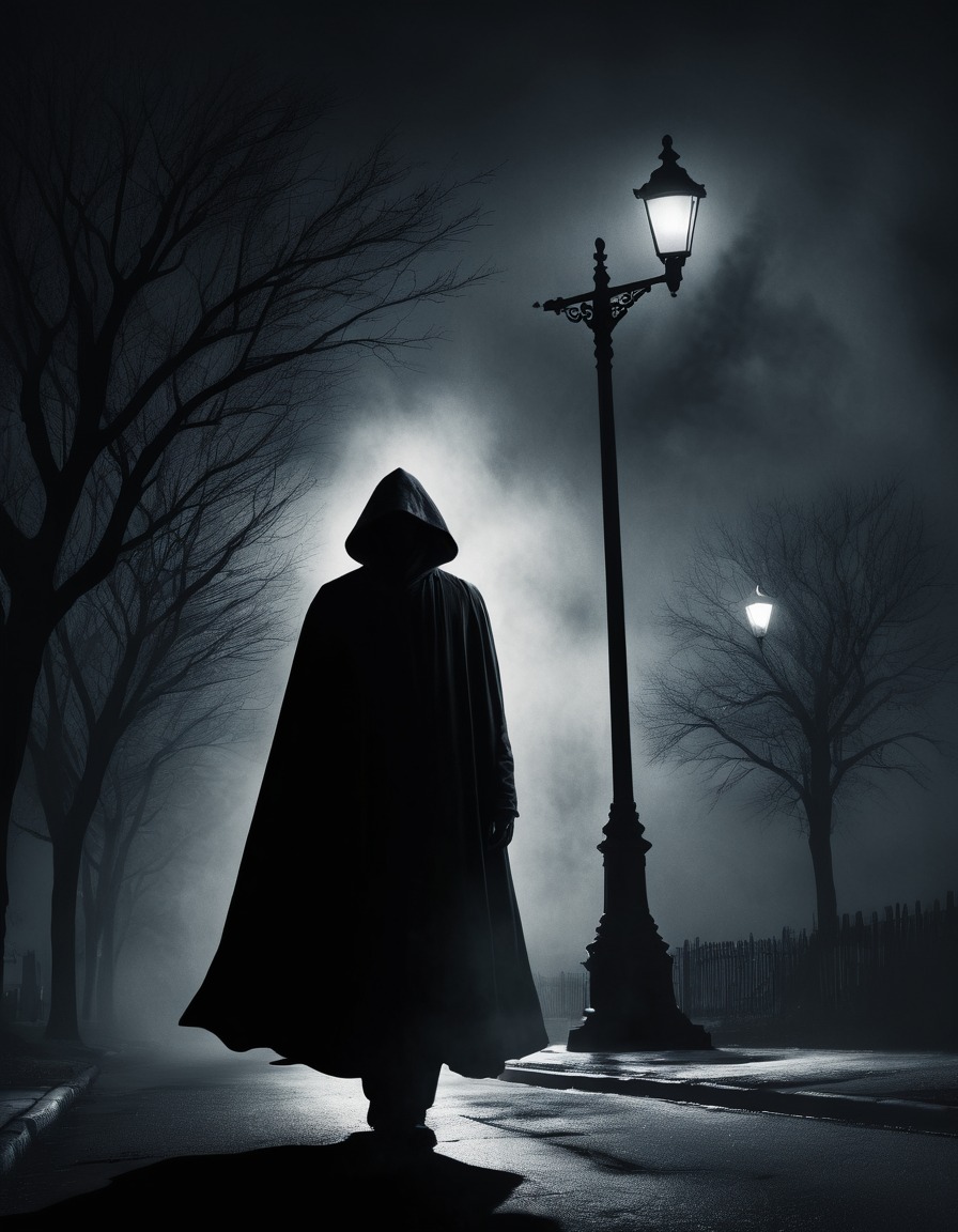 dark, mysterious, silhouette, streetlamp, cloak, mysterious figure, gothic, underground