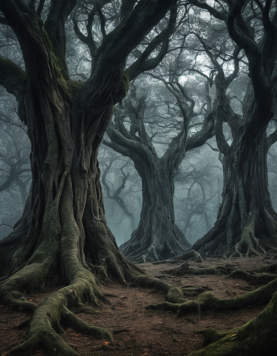 mystical, ancient trees, grove, secrets, whispers, nature, magic