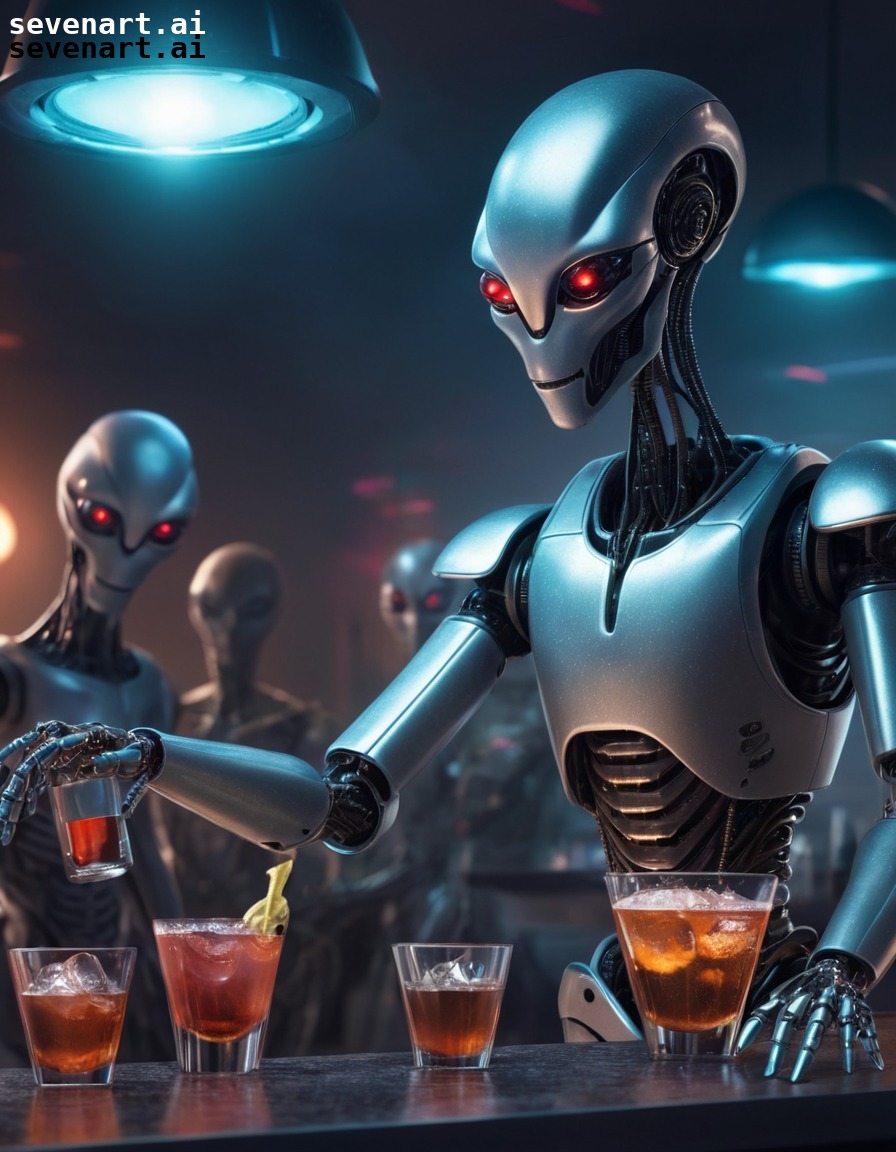 robot, bartender, aliens, futuristic, sci-fi, robots