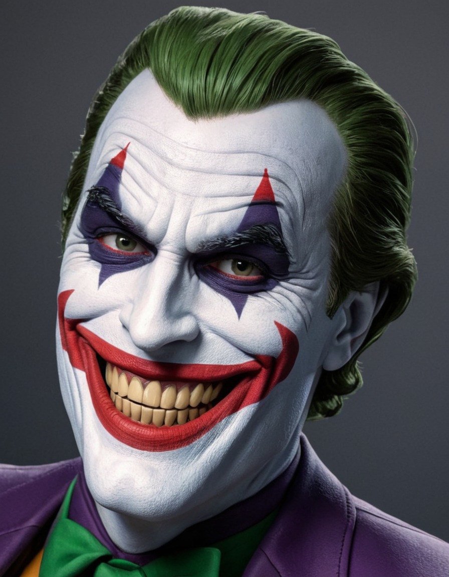 fictional character, menacing smile, close-up photography, joker-inspired, movies