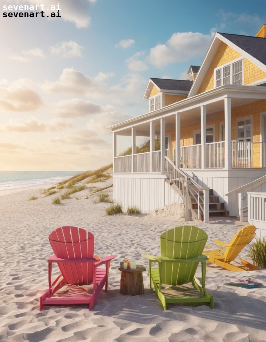 beach house, colorful chairs, ocean view, cozy, vacation, house, home