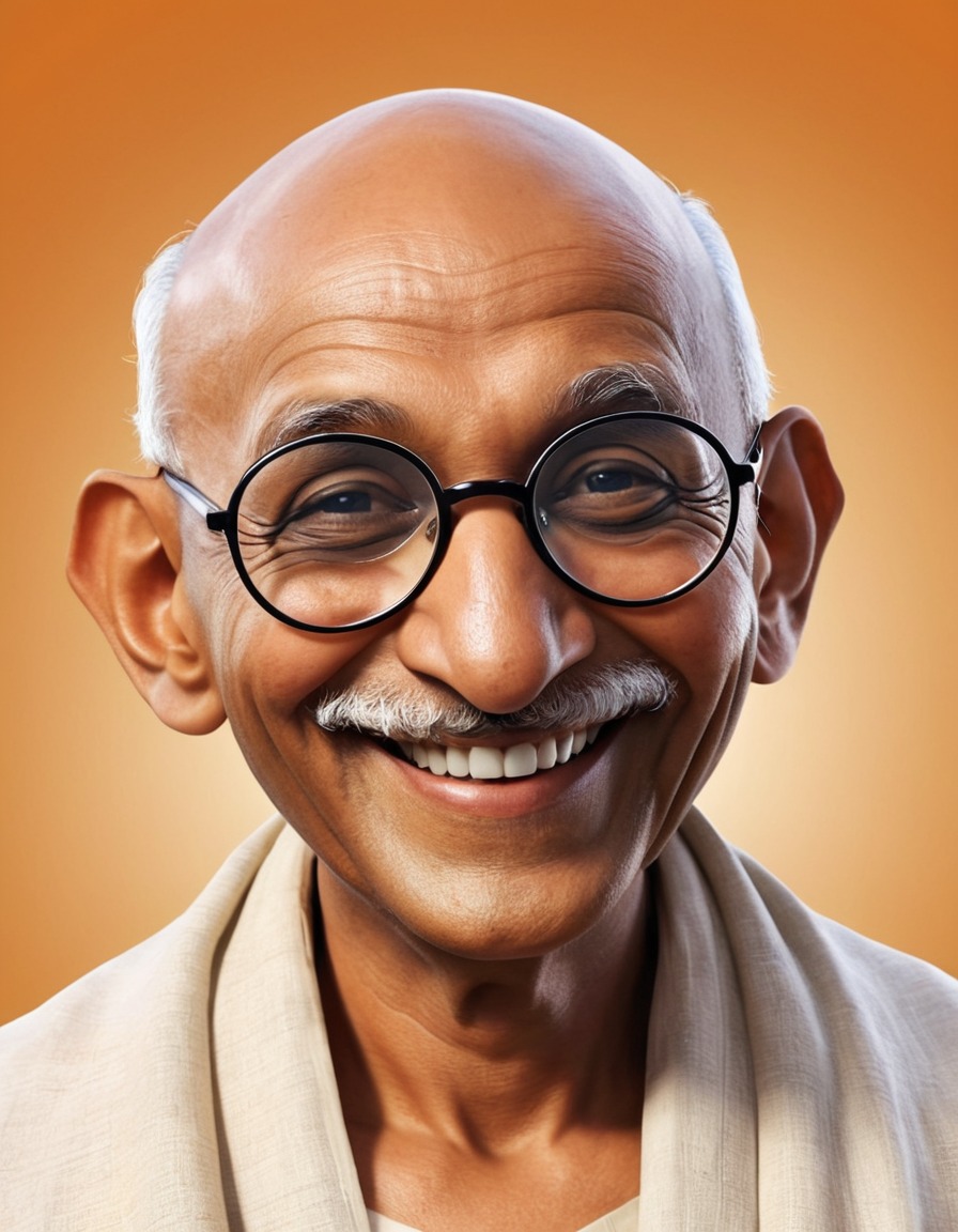 mahatma gandhi, caricature, humor, oversized glasses, comically large smile, funny