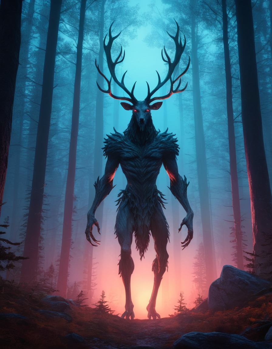 mystical forest, dusk, wendigo, illustration, fantasy, horror