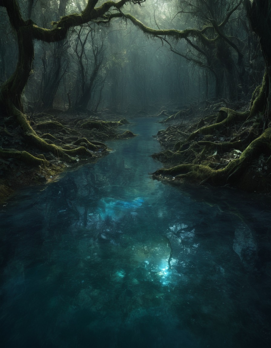 mystical, shimmering, pool, hidden forest, oasis, water, clearing