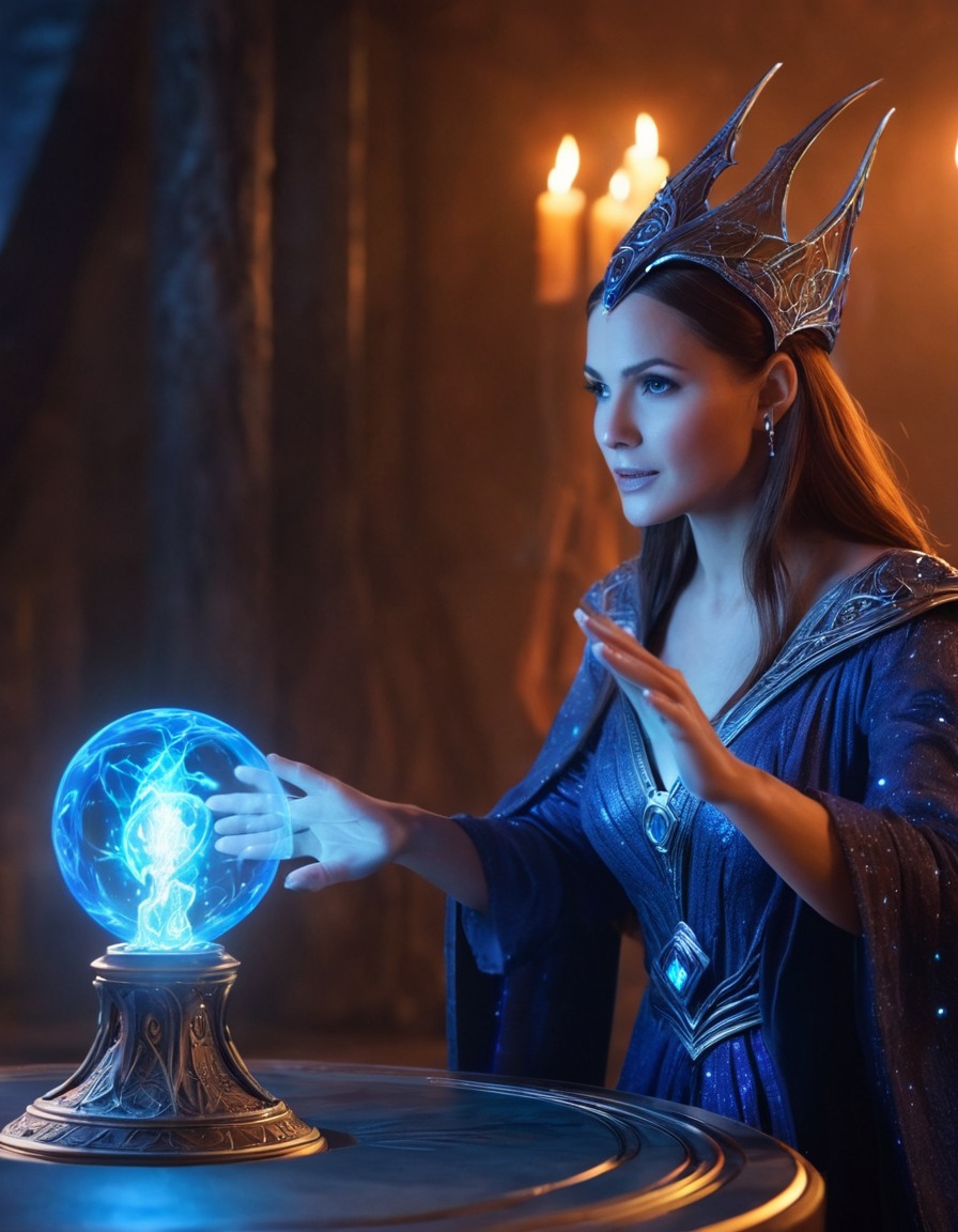 sorceress, spells, futuristic, holographic device, medieval, art