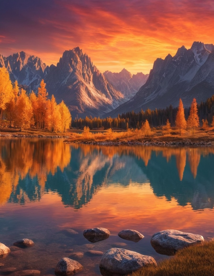 sunset, lake, mountains, reflection, nature