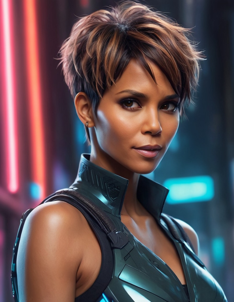 halle berry, cyberpunk, anime-inspired, futuristic, anime