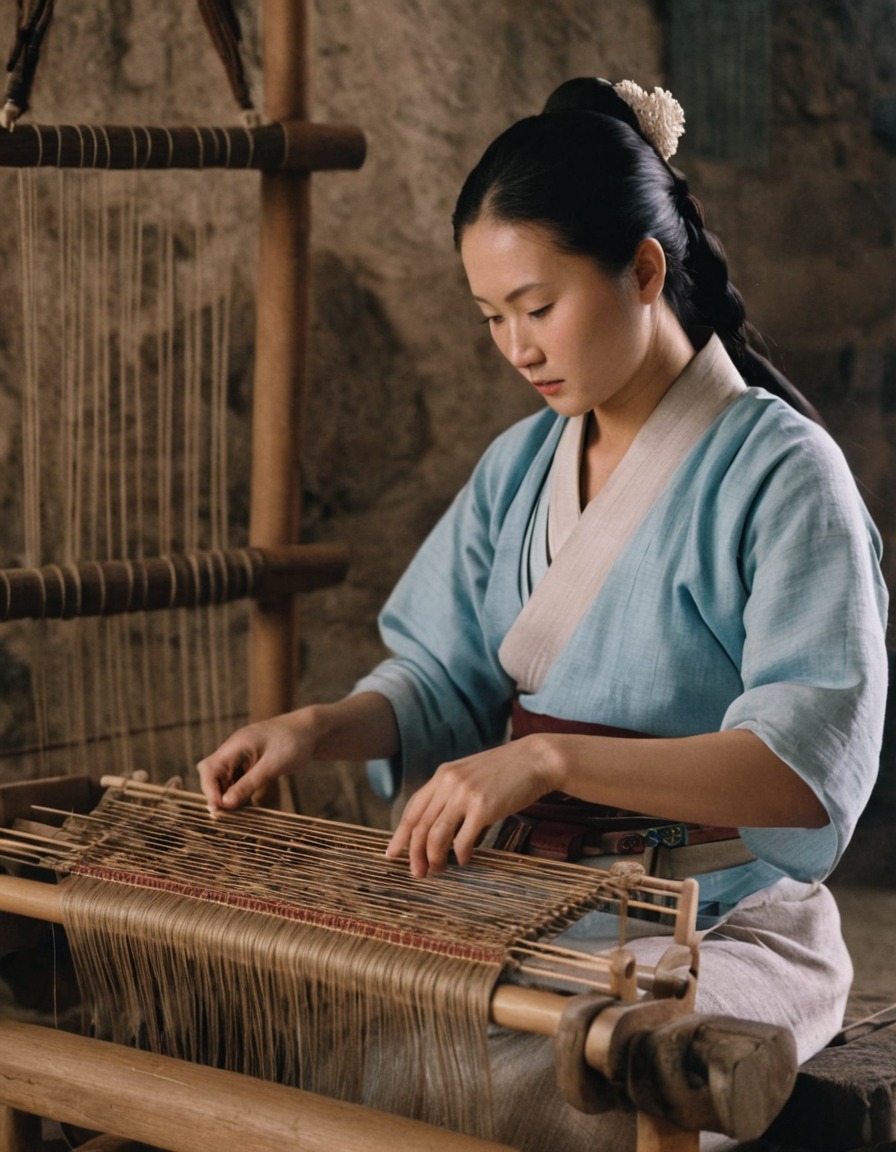 ancient china, 1000 bc, woman, weaving, loom, craftsmanship, textiles