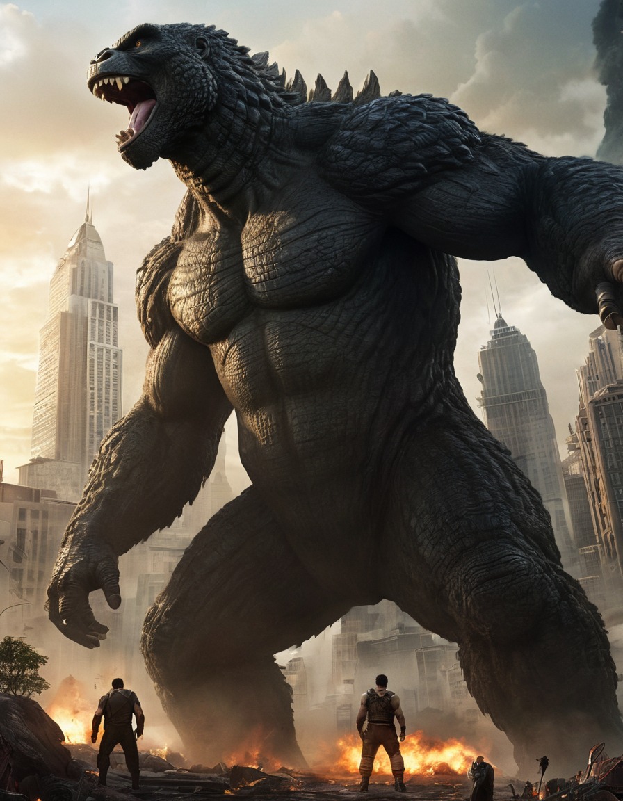 godzilla, king kong, post-apocalyptic, cityscape, monster battle, kong