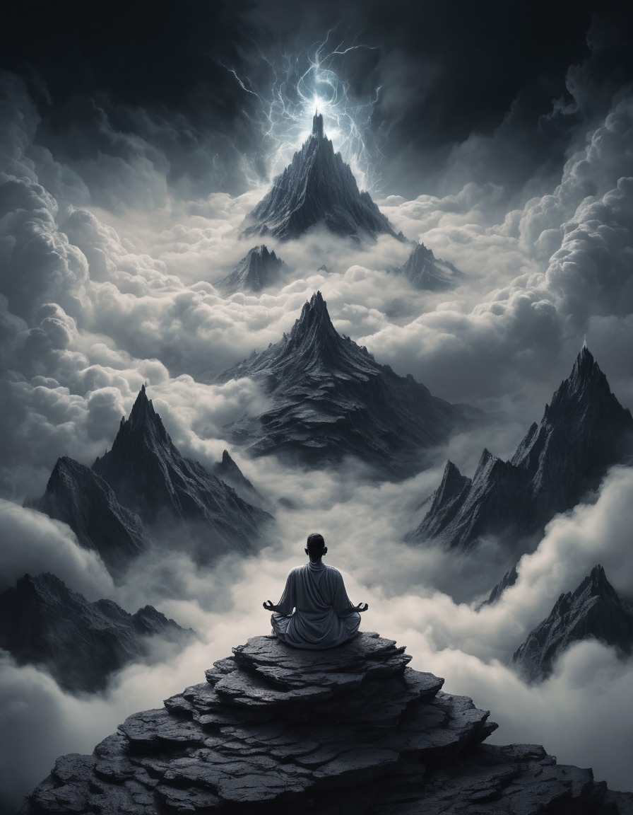 meditation, mountain peak, swirling clouds, solitude, mystical experience, spirituality