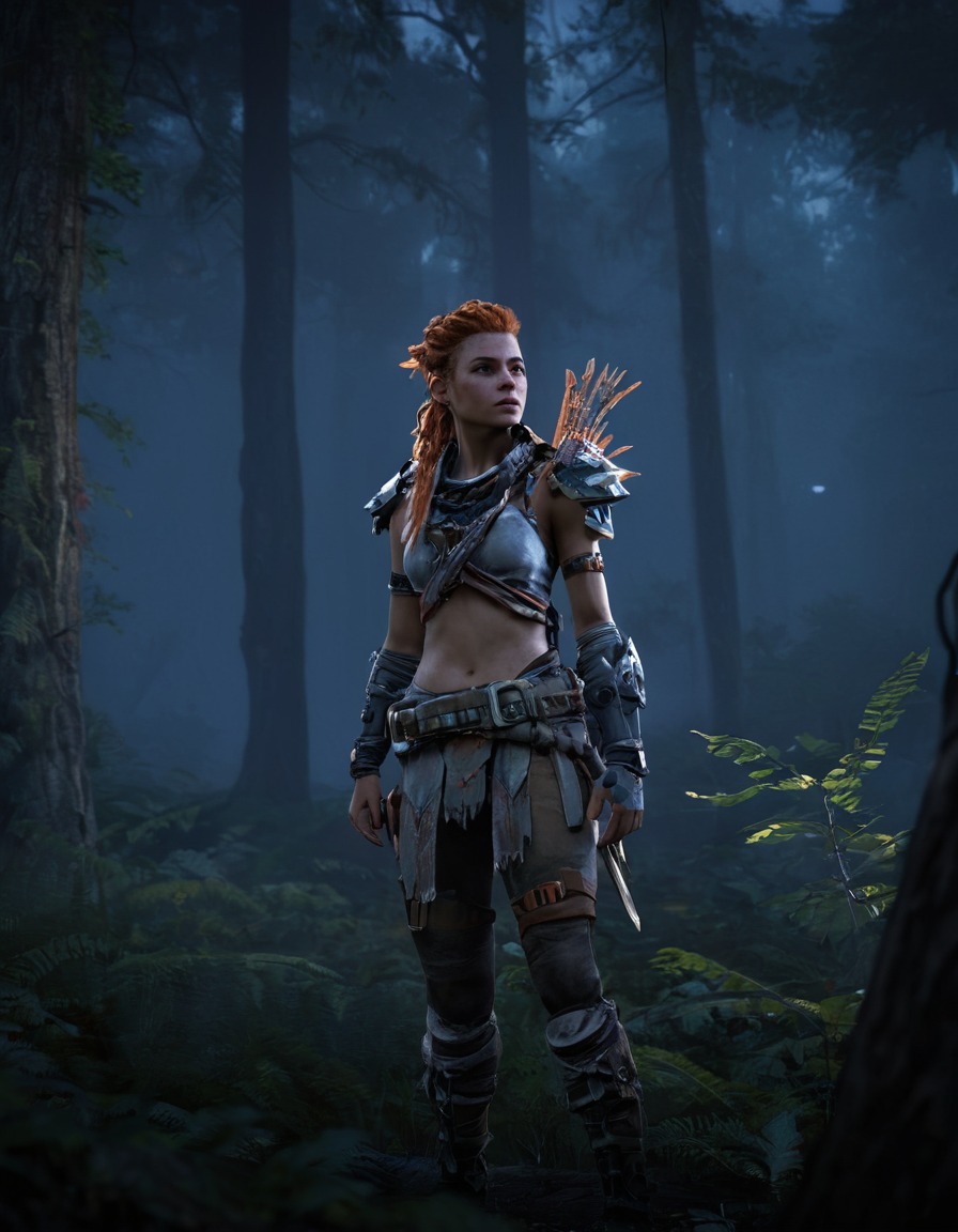 aloy, horizon zero dawn, video game, character, drawing, forest, dark, mysterious, games