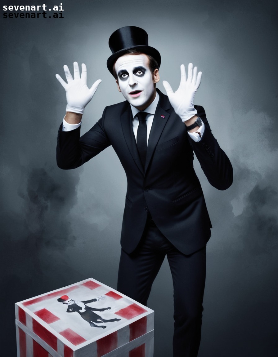 emmanuel macron, mime, invisible box, trapped, performance, france