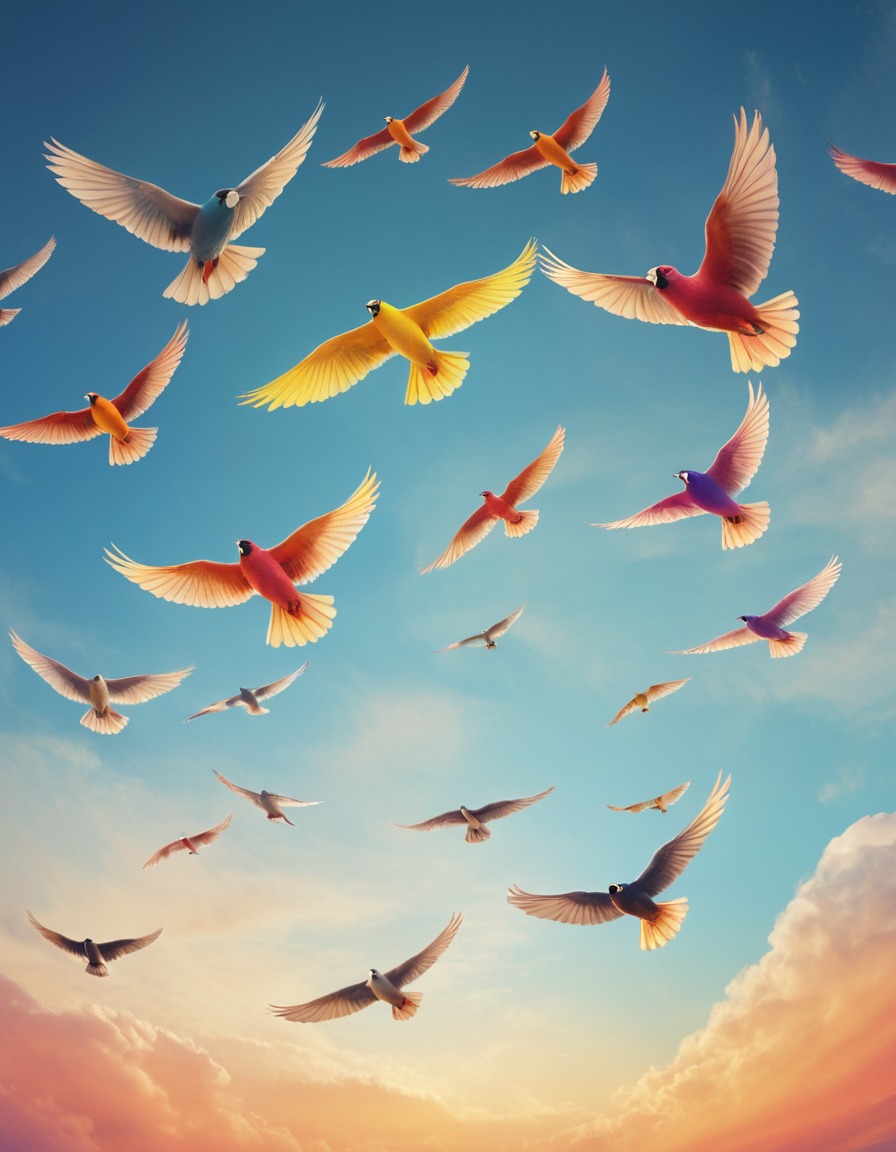 birds, colorful, sky, harmony, ballet