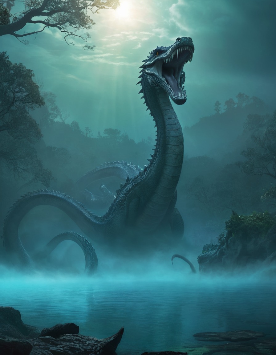 mythical creature, hydra, lake, misty, enchanted, fantasy, illustration