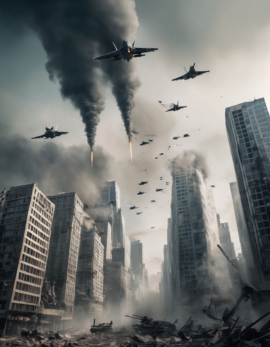 fighter jets, city skyline, destruction, attack, warfare, military aircraft, war, usa