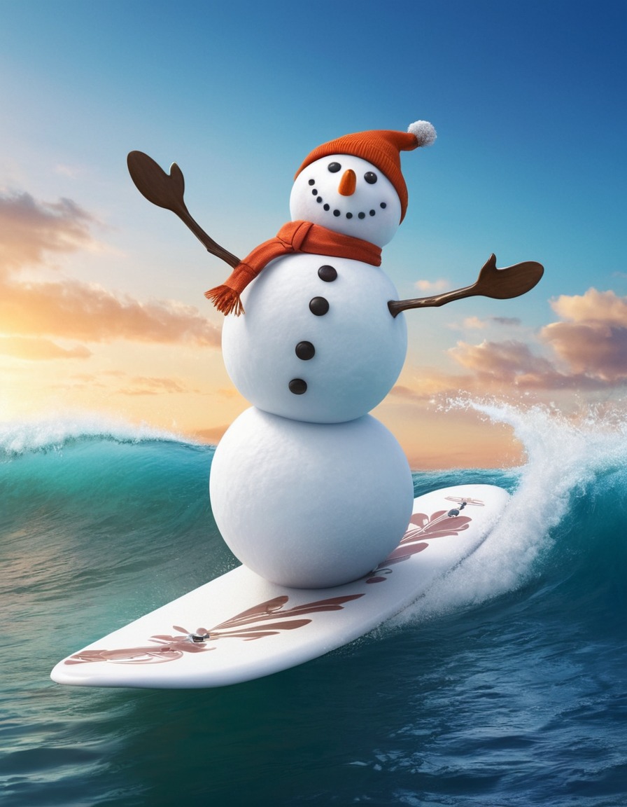 snowman, surfing, ocean, strange, winter, water sports