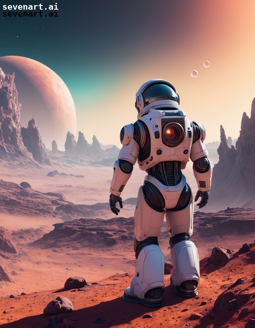 robot, astronaut, exploration, distant planet, alien landscape, robots