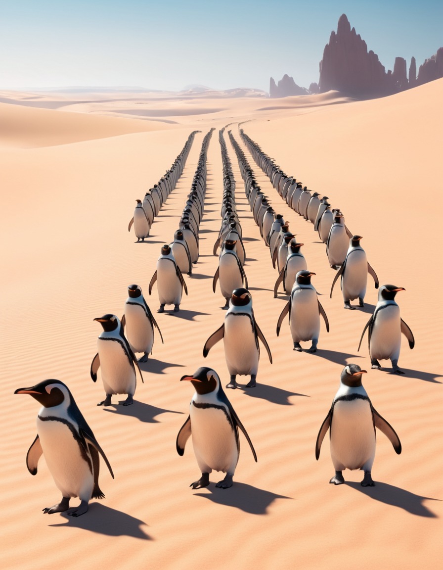 penguins, desert, animals, migration, unexpected, climate change