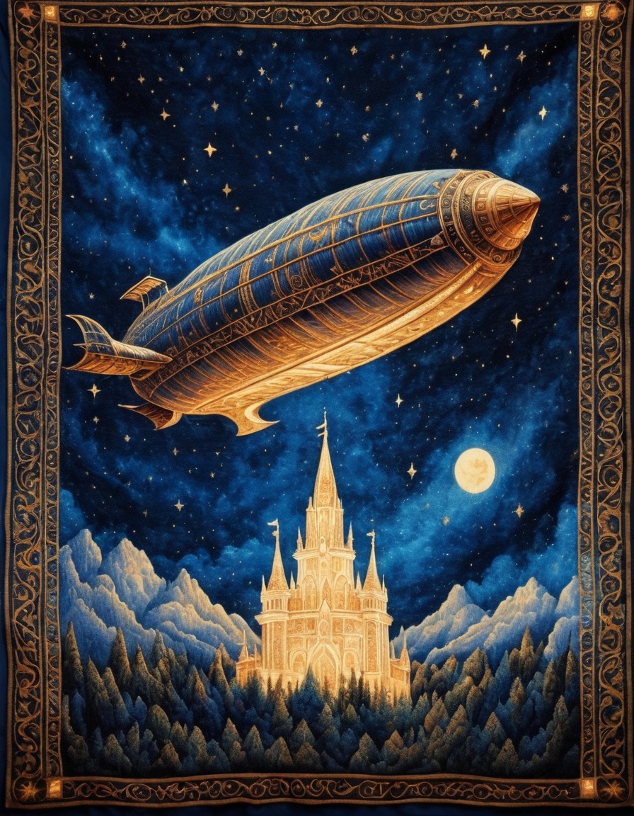 spaceship, night sky, medieval, tapestry, art