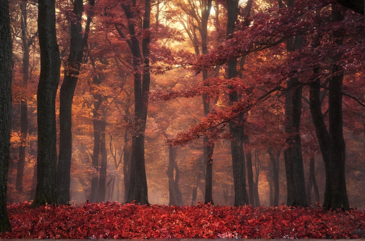 autumn, fall, fog, forest, landscape, mist, nature, photography, red, trees