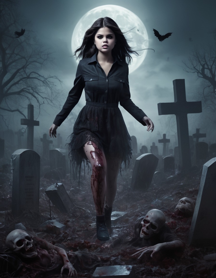 selena gomez, zombie, spooky, graveyard, celebrity portrait, celebrities