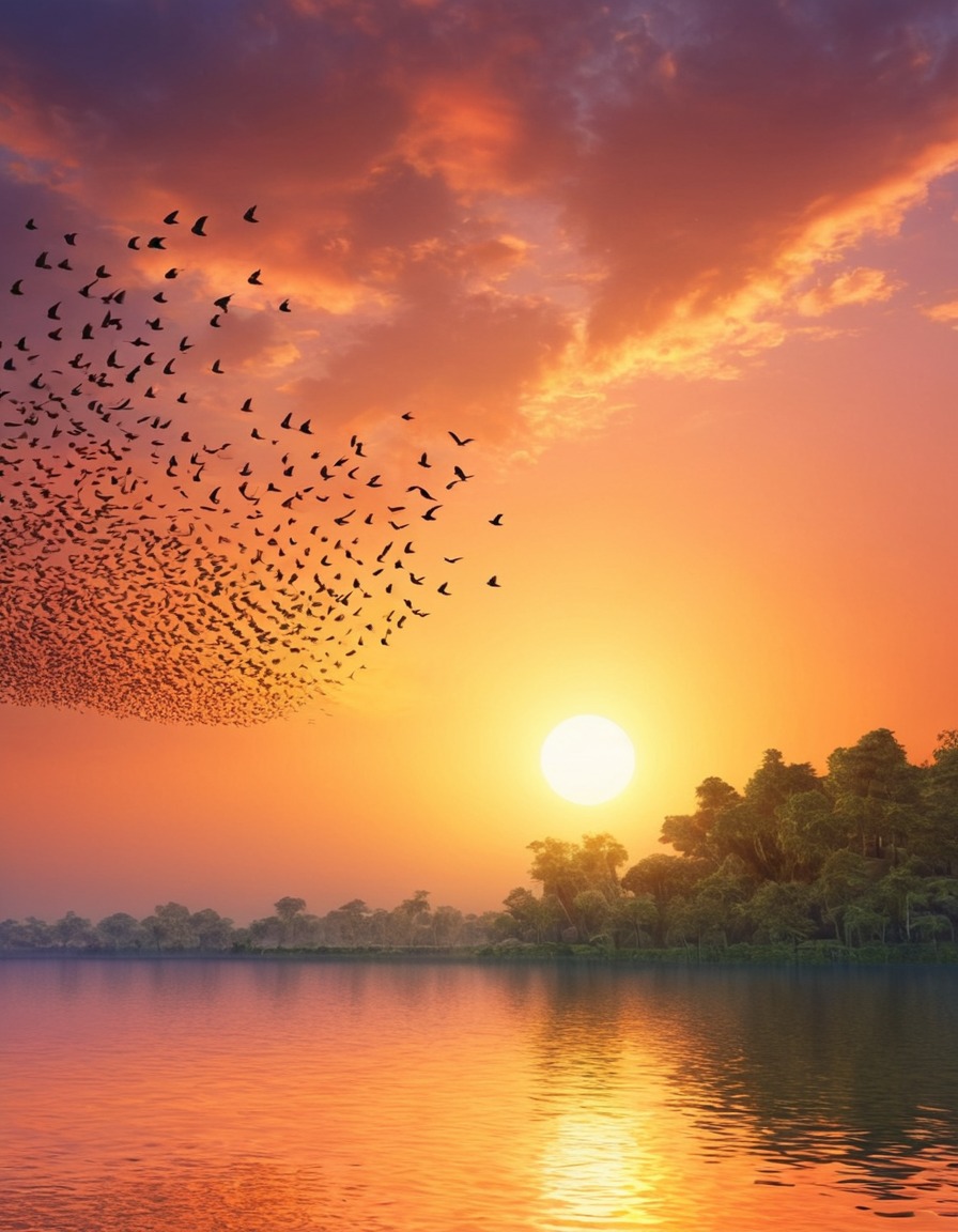 birds, colorful, sunset, sky, nature