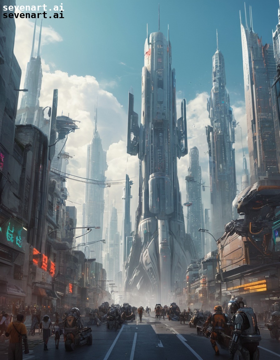 futuristic, cityscape, robots, technology, sci-fi.