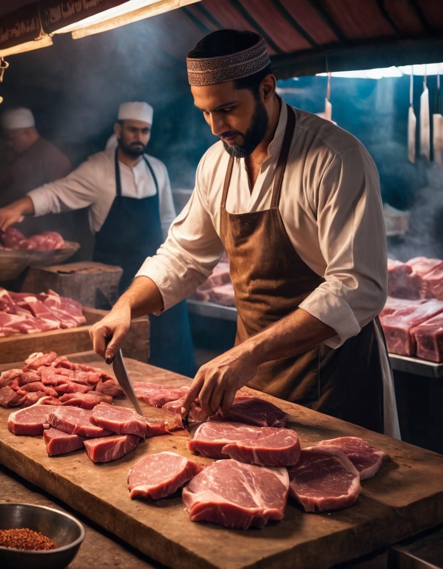 ancient, butcher, market stall, middle east, 700 ad