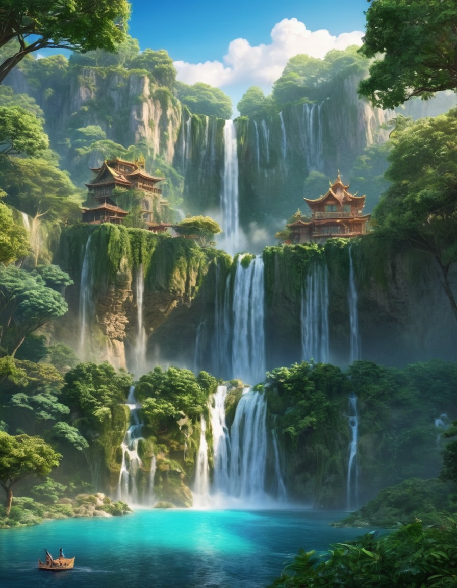 waterfall, cityscape, greenery, wildlife, nature, city