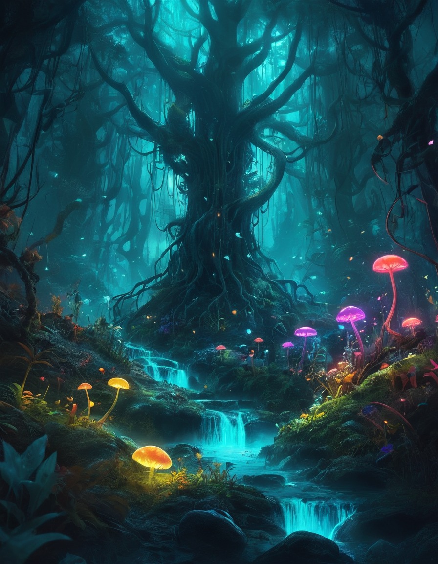 fantasy, bioluminescent, forest, magical, creatures, fantastic