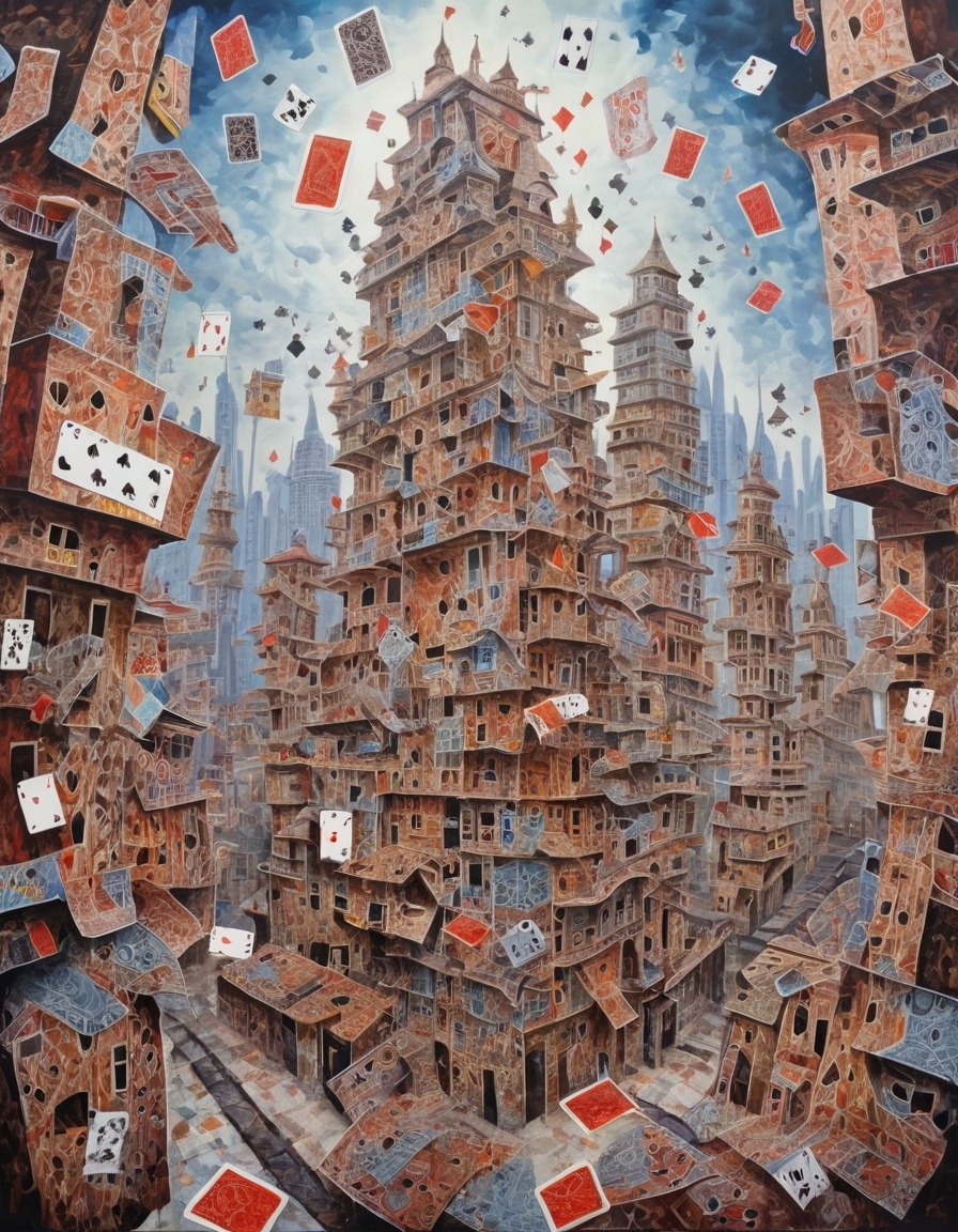 cityscape, playing cards, architecture, fantasy, surreal