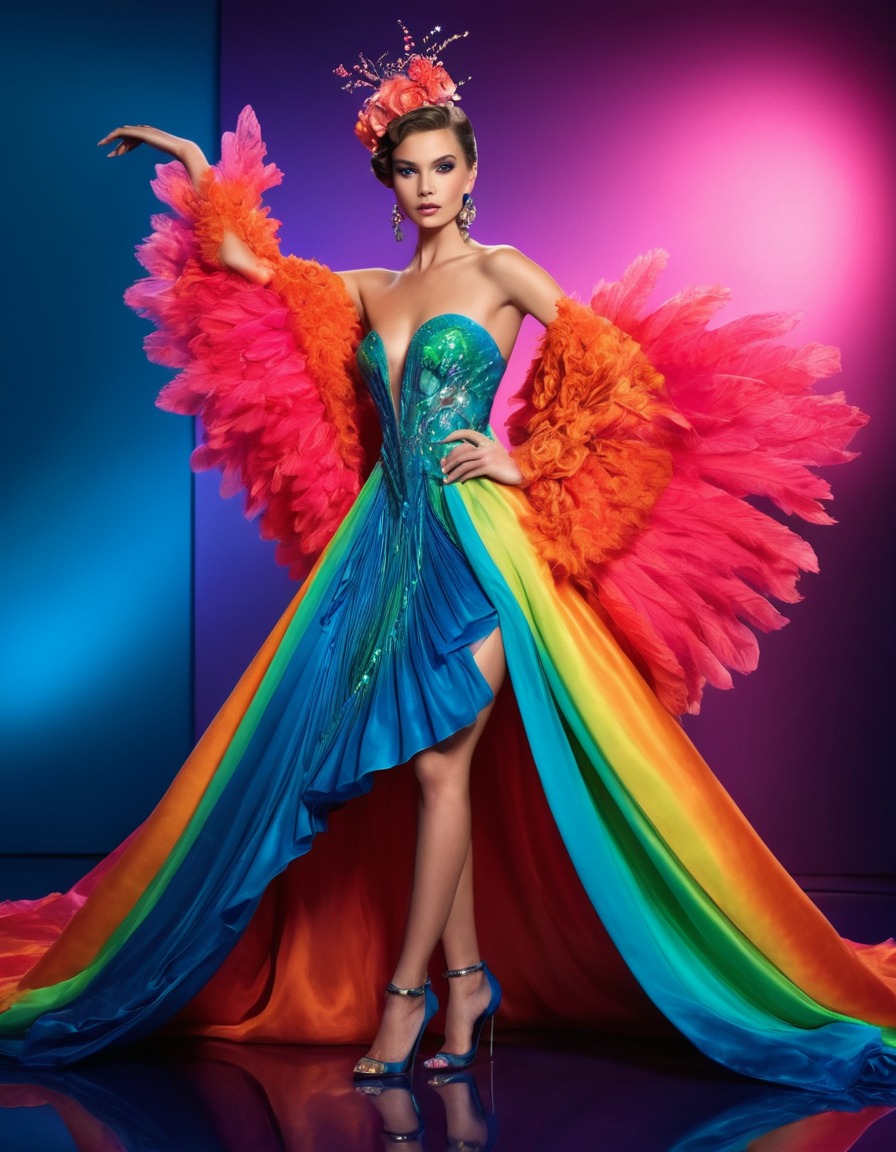 fashion, haute couture, modeling, studio, vibrant colors, soft lighting