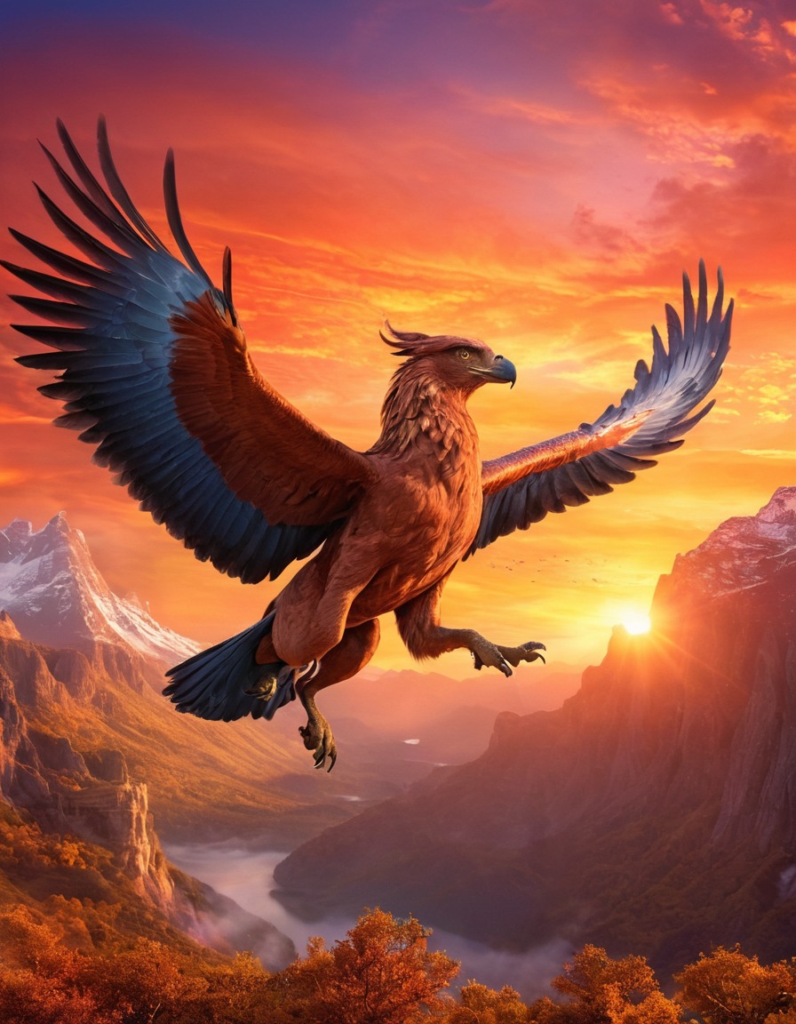 mythical creature, hippogriff, illustration, sunset, sky, majestic