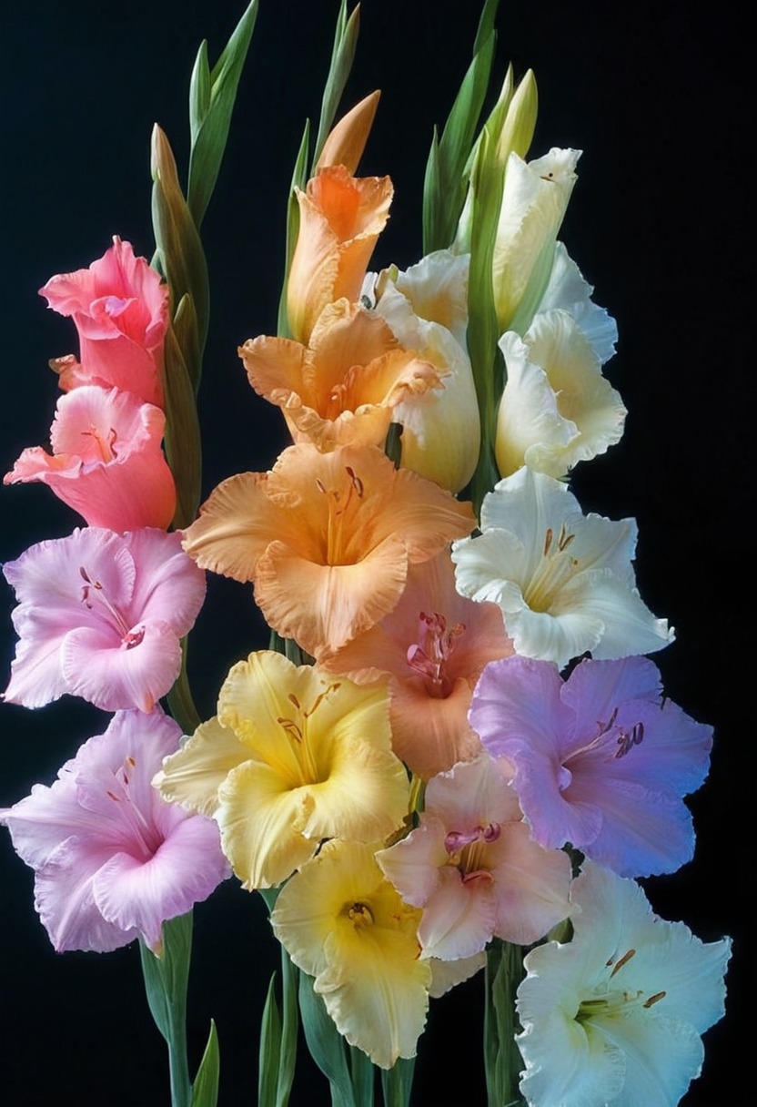 gladiolus, flowers, digital art, colorful, black background