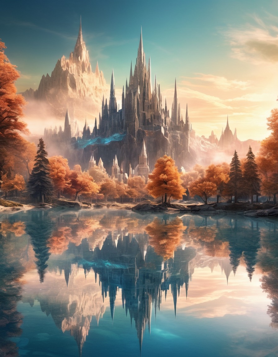 mirrored lake, city, crystal spires, reflection, fantasy, scenic view, serene