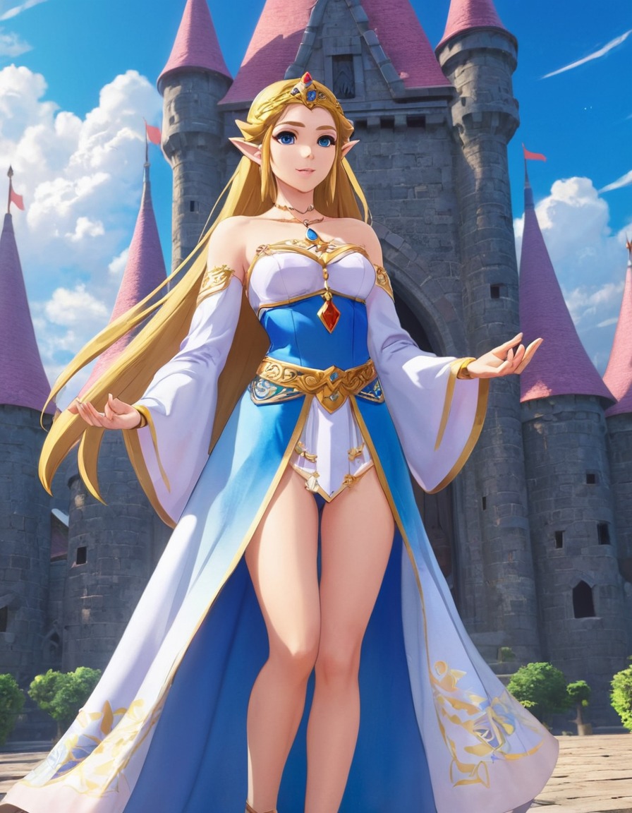 princess zelda, royal attire, ceremony, castle courtyard, anime, games