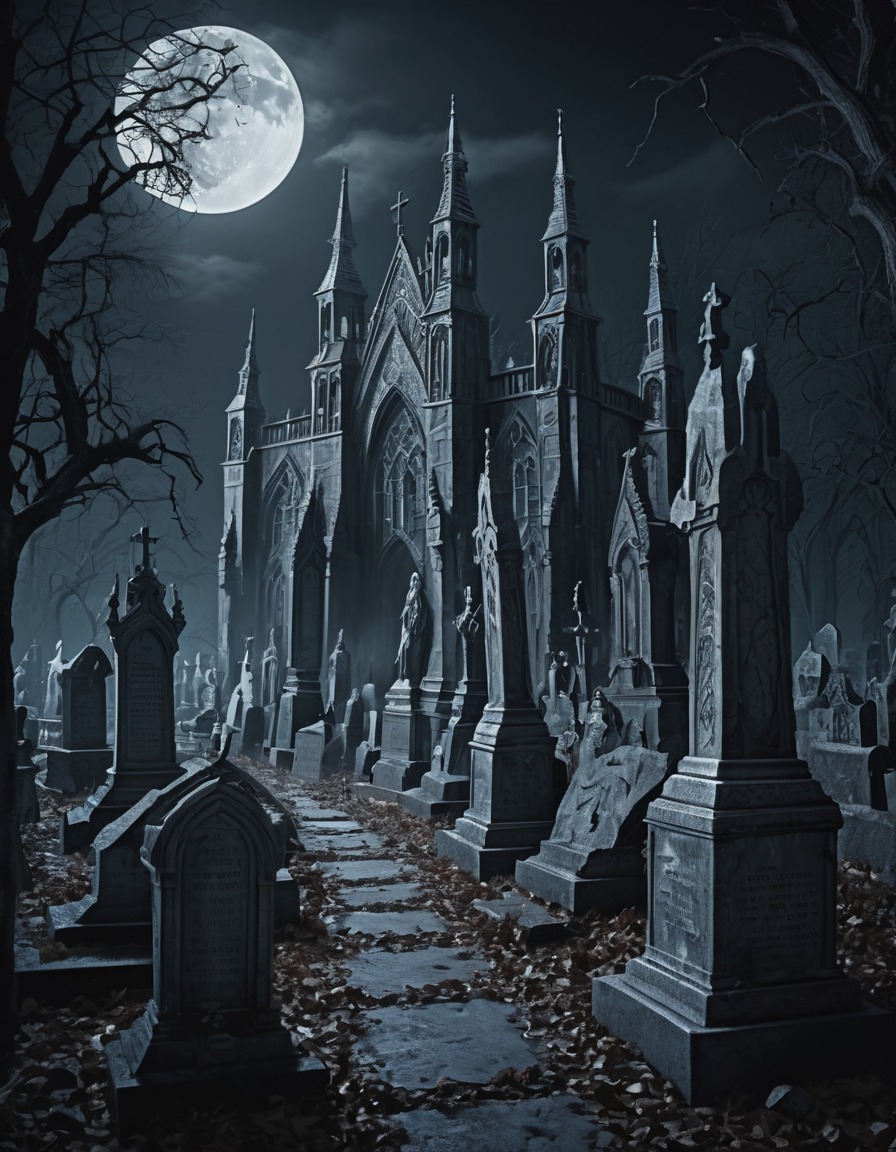 graveyard, gothic, tombstones, statues, moonlight, underground, dark