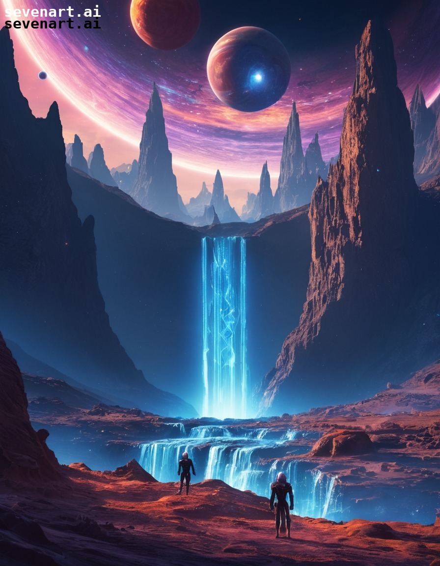 alien world, stardust, waterfalls, planets, space, stars