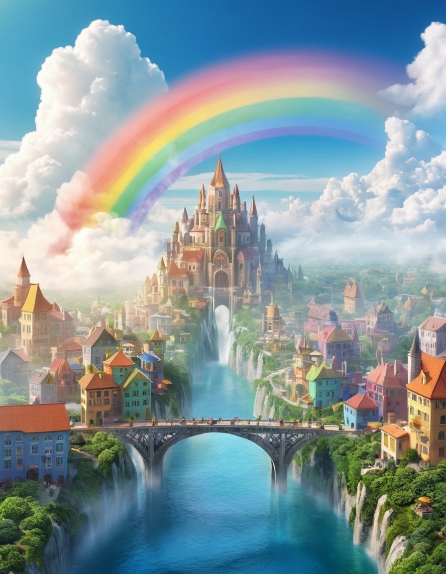 floating city, cloud architecture, rainbow bridges, fantasy scene, dreamscape, ethereal setting, whimsical world